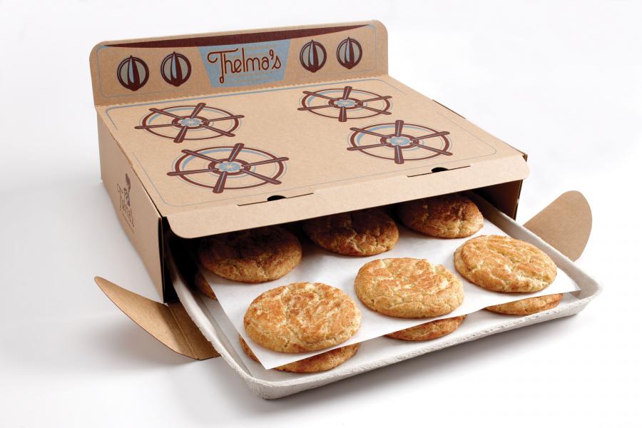 品牌包裝範例：Thelma’s Treat 把餅乾裝在烤爐形的盒子。