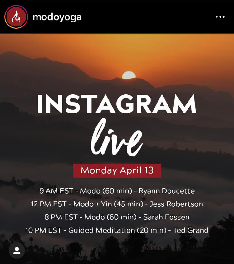 Modo Yoga Instagram 上免費的 live 課程公布