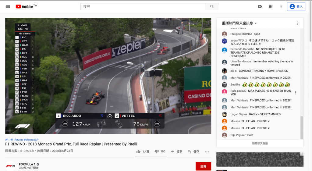 F1 賽事於 YouTube 上進行的直播