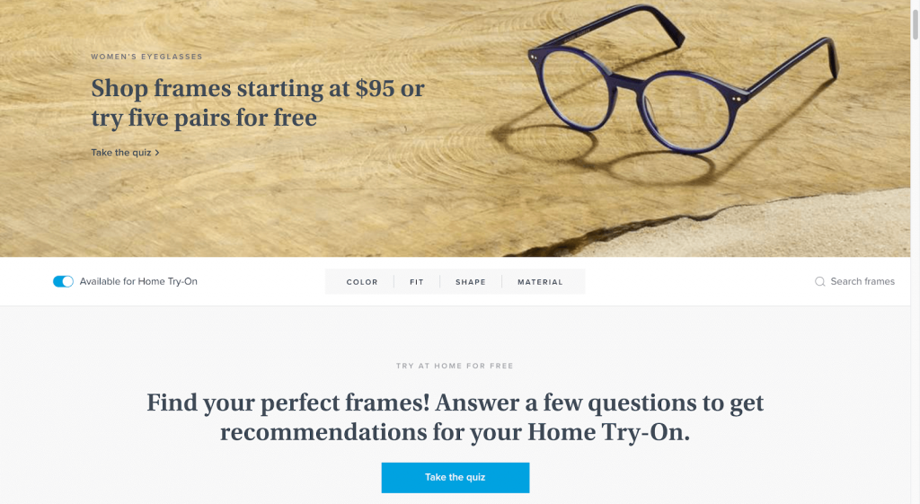 Warby Parker 提供低價的眼鏡，及任選五副免費配送試用的服務