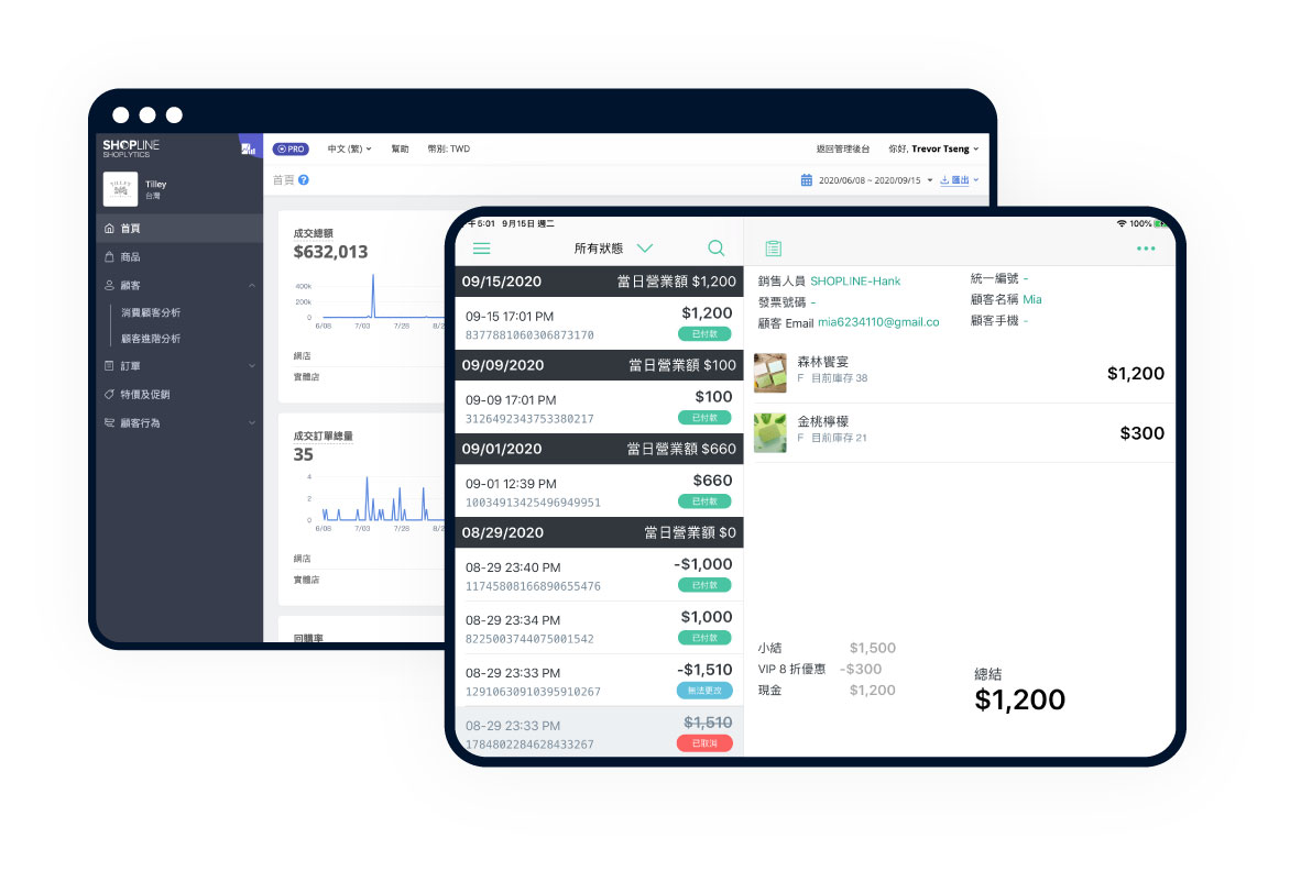 SHOPLINE POS 交易紀錄、營收報表示意