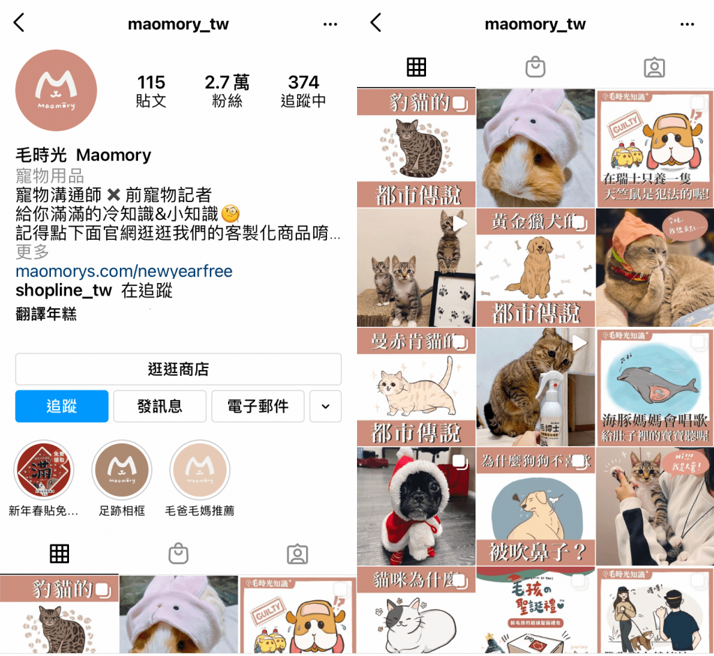 毛時光 Instagram 帳號經營半年便累積了 2.7 萬品牌追蹤者