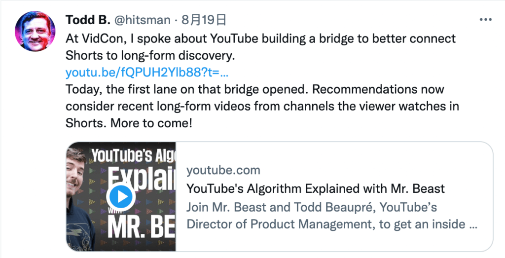 YouTube 相關人員分享演算法更新相關內容（圖截自 Todd 的 Twitter）