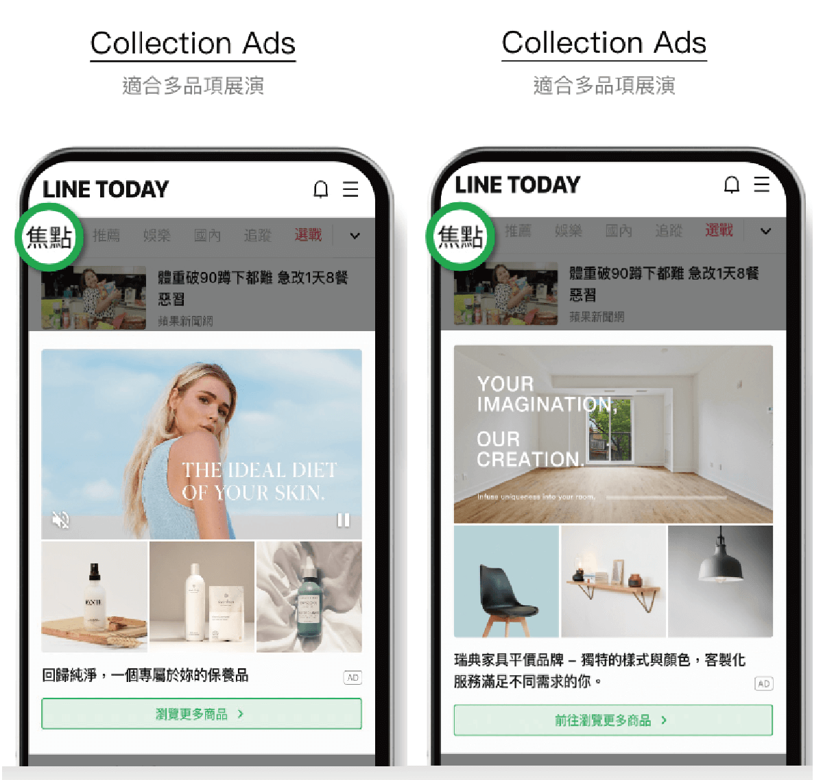 LINE Collection Ad 將可以在 LINE TODAY 首頁以豐富的影音帶出系列產品圖的呈現方式，強力吸引點擊（圖片取自 LINE TODAY_Billboard Sales Kit ）