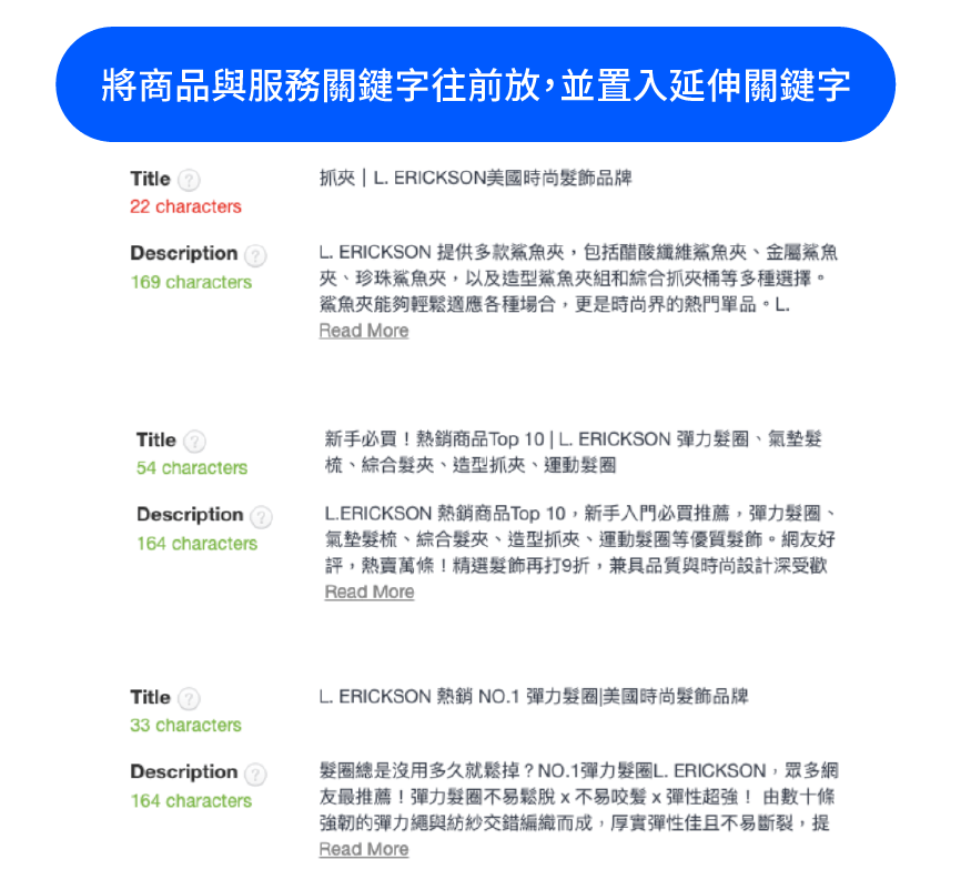 《 L. ERICKSON 》在商品頁關鍵字進行置入及優化