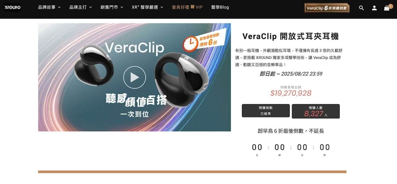 VeraClip 開放式耳夾耳機在 XROUND 自家官網預購,成功獲得 1,900 多萬的佳績