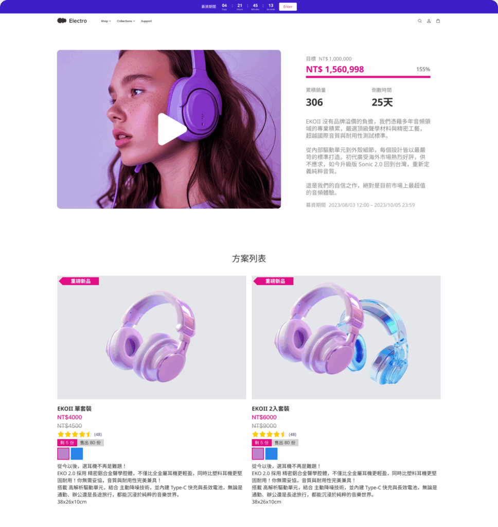 透過「SHOP Builder 促購元件」建立的商品活動頁面,可模擬如同募資平台的介面