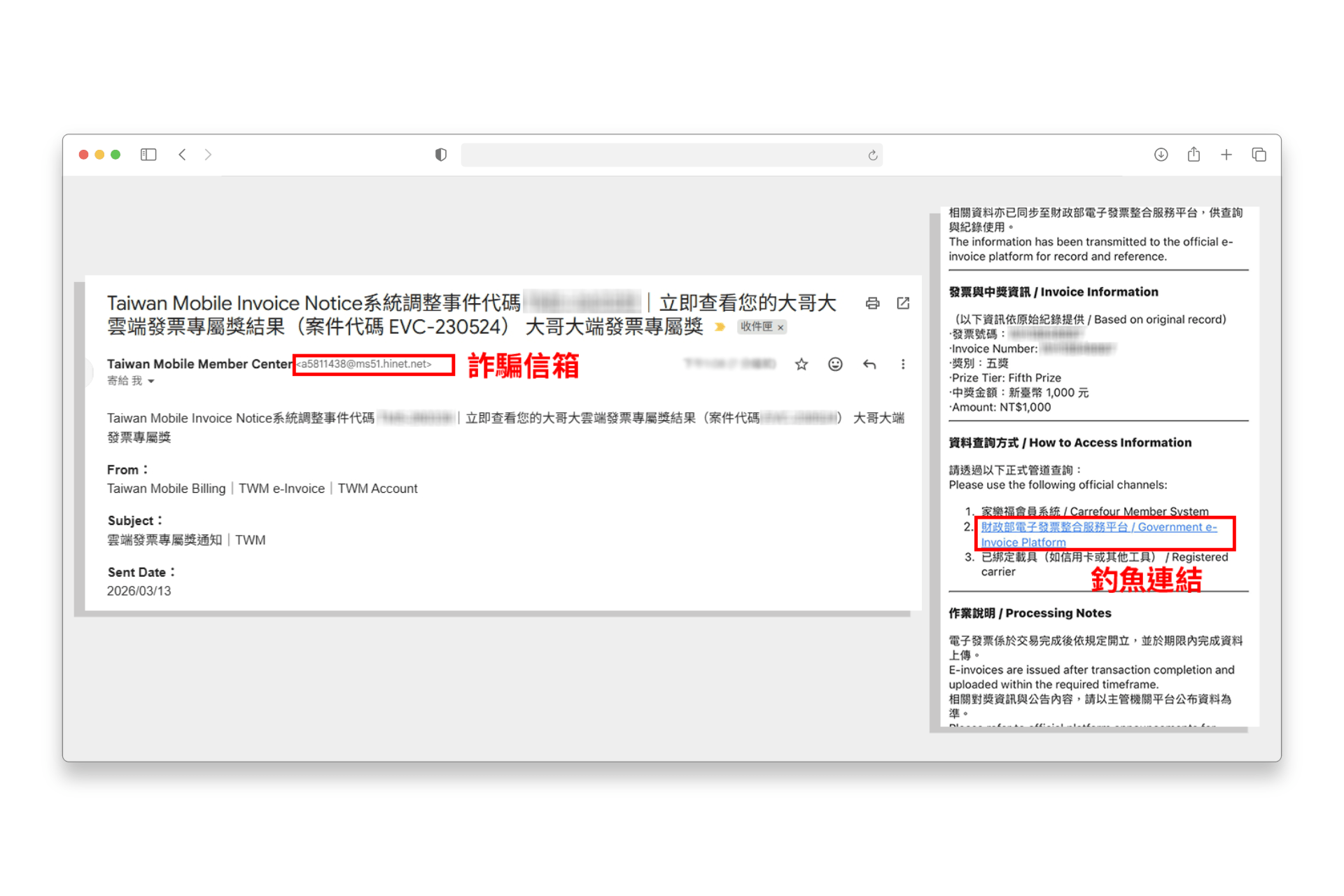 網購電子發票中獎詐騙釣魚信件示意（圖取自新聞媒體）