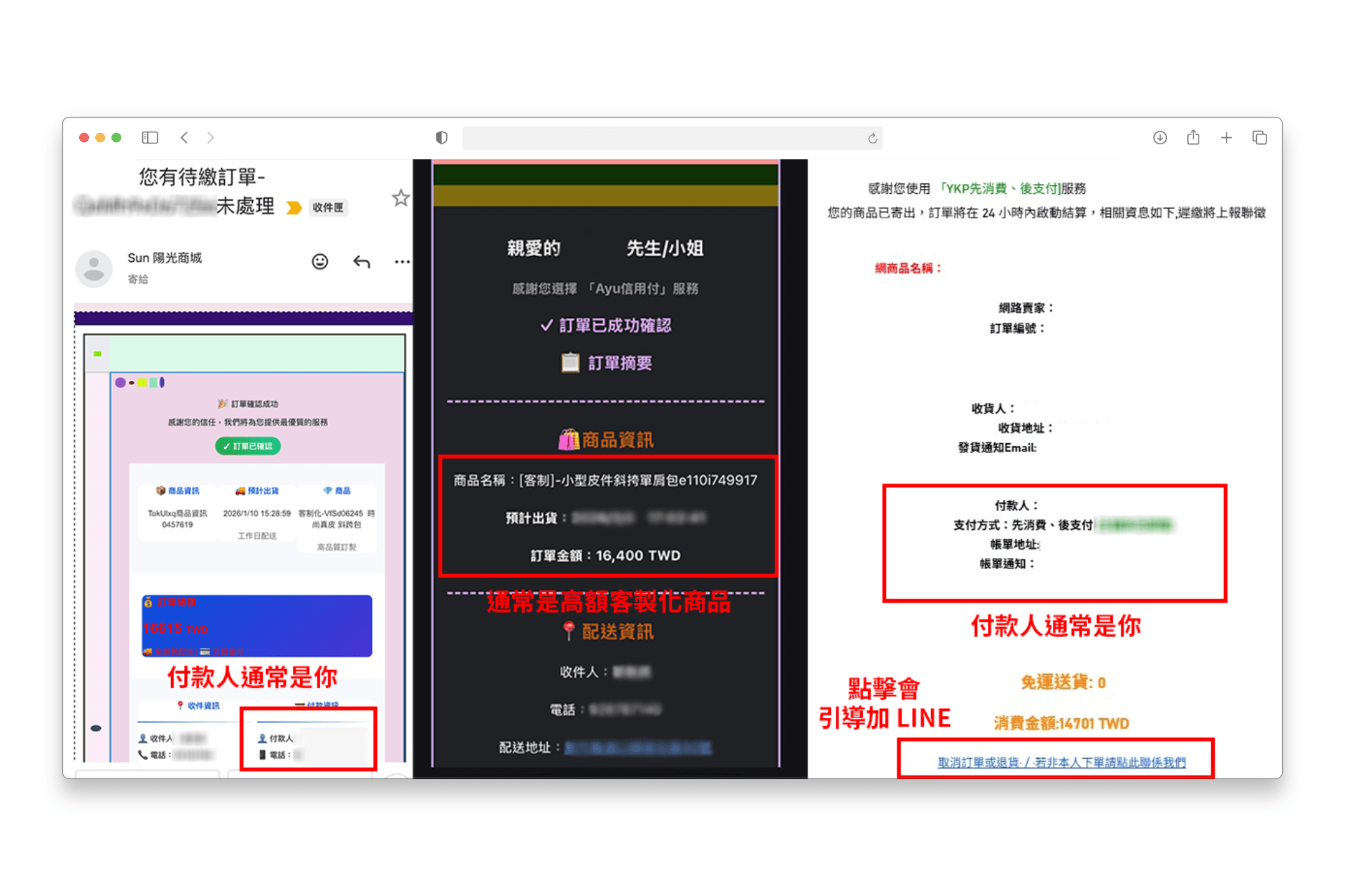 假冒購物平台發送先買後付的虛假訂單信件示意（圖取自新聞媒體）