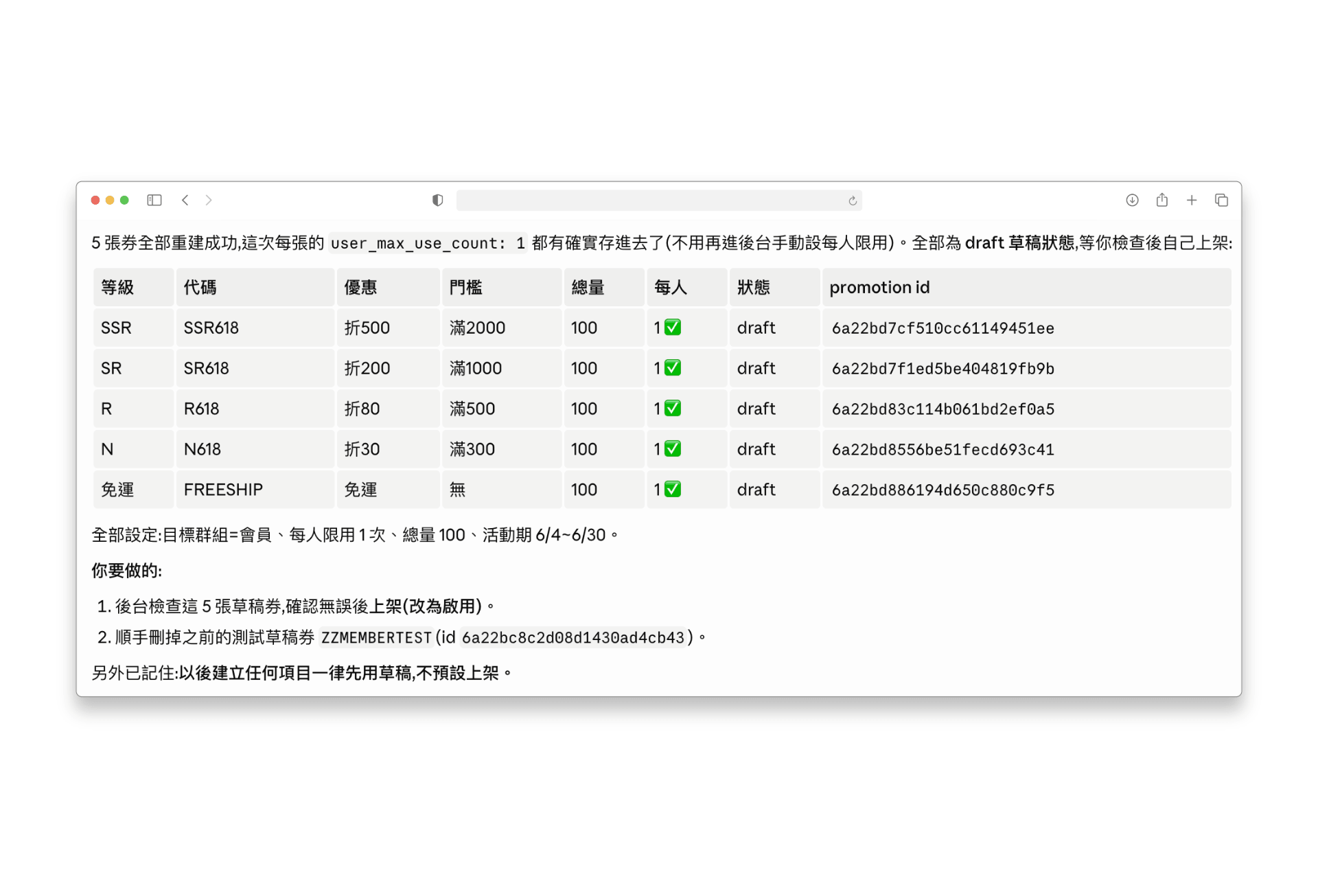 Claude 建立不同優惠券草稿示意