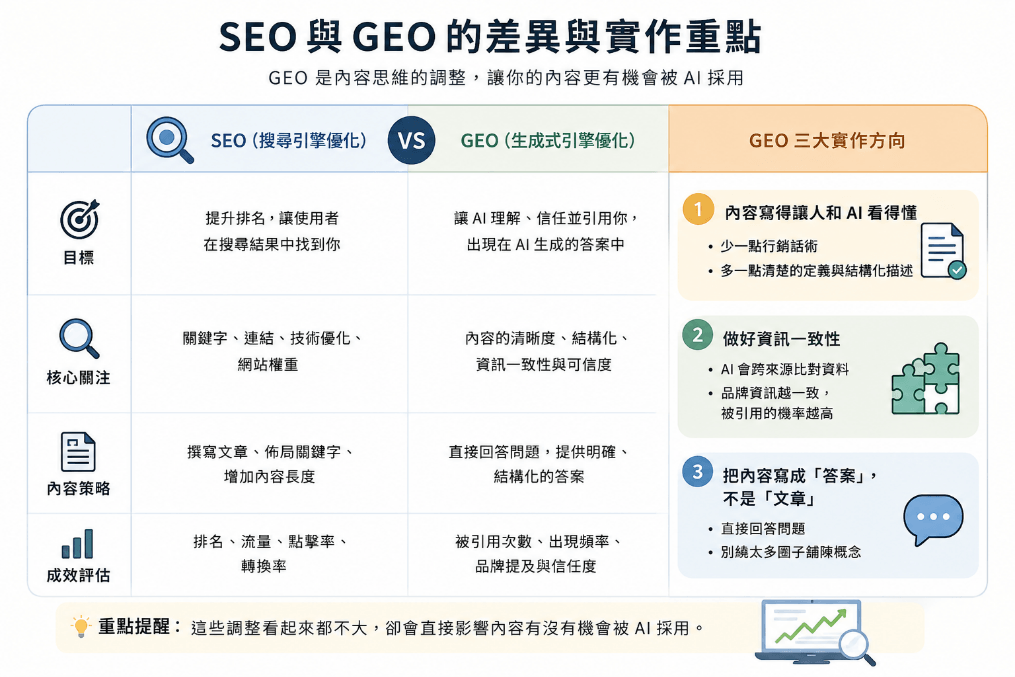 SEO 與 GEO 實作重點(圖由 AI 生成)